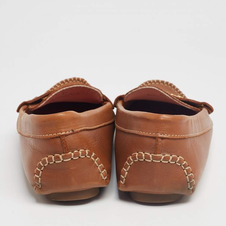 Pre Owned CH Carolina Herrera Brown Leather Logo Charm Detail Loafers Size 40