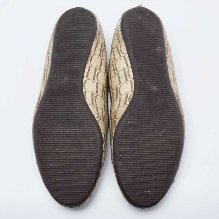 Pre Owned CH Carolina Herrera Cream Monogram Canvas Bow Cap Toe Ballet Flats Size 37
