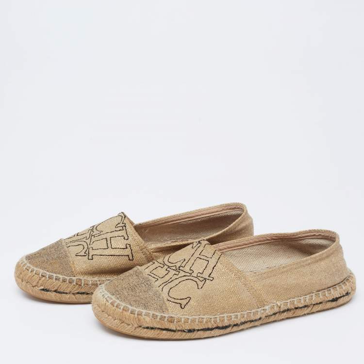 Pre Owned Carolina Herrera Metallic Gold Canvas Espadrille Flats Size 38