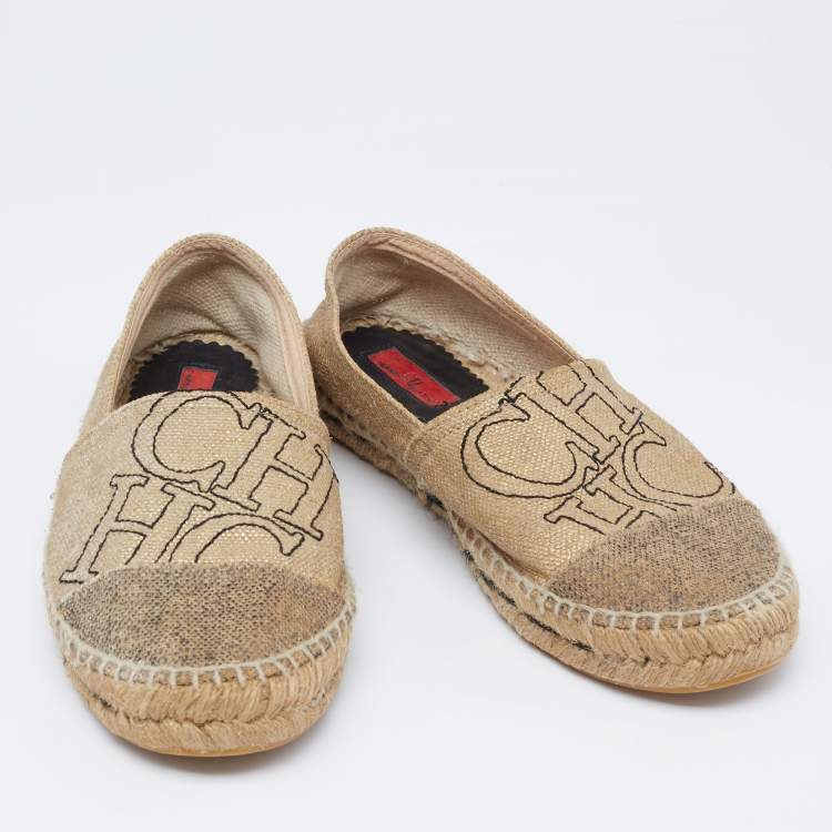 Pre Owned Carolina Herrera Metallic Gold Canvas Espadrille Flats Size 38