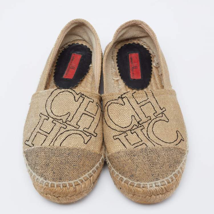 Pre Owned Carolina Herrera Metallic Gold Canvas Espadrille Flats Size 38