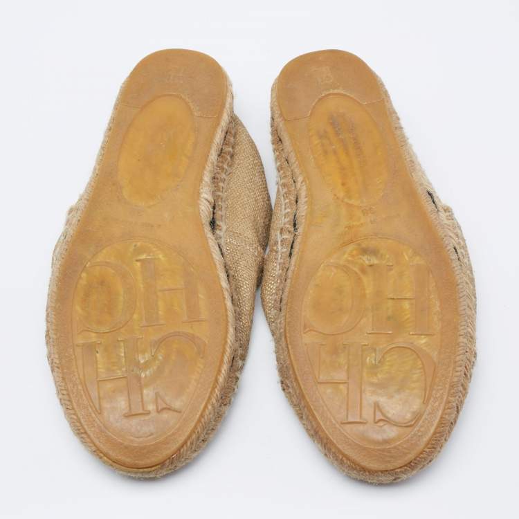 Pre Owned Carolina Herrera Metallic Gold Canvas Espadrille Flats Size 38