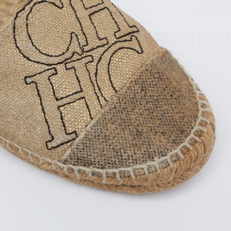 Pre Owned Carolina Herrera Metallic Gold Canvas Espadrille Flats Size 38