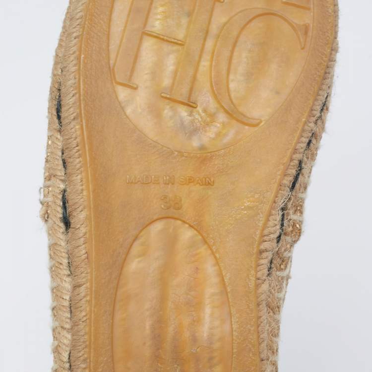 Pre Owned Carolina Herrera Metallic Gold Canvas Espadrille Flats Size 38