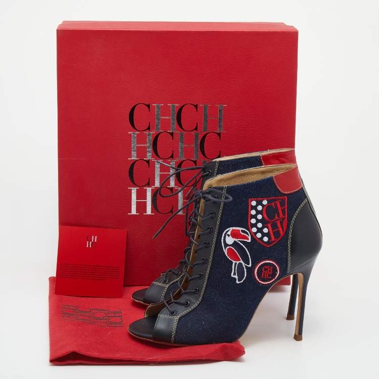 Pre Owned CH Carolina Herrera Navy Blue/Black Canvas And Leather Lace Up Booties Size 37