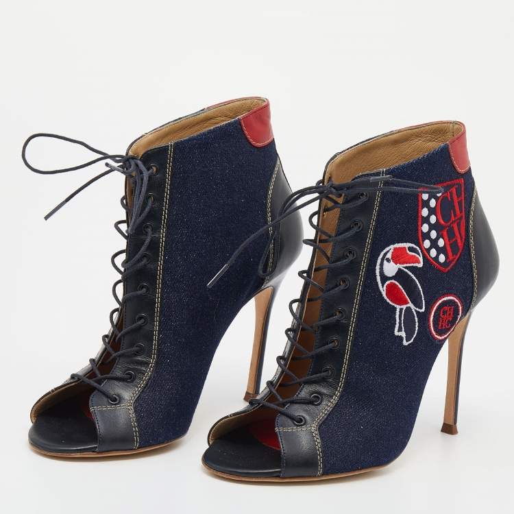 Pre Owned CH Carolina Herrera Navy Blue/Black Canvas And Leather Lace Up Booties Size 37