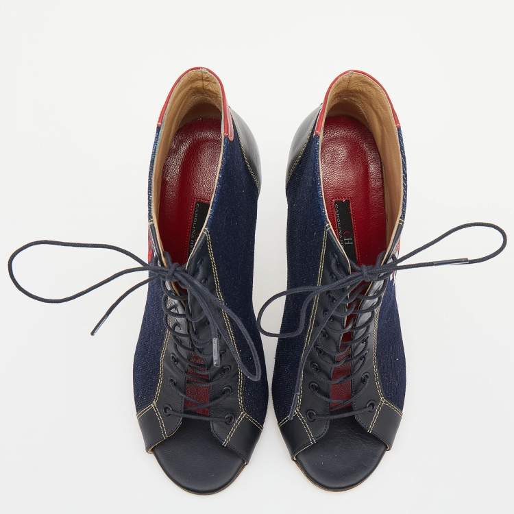 Pre Owned CH Carolina Herrera Navy Blue/Black Canvas And Leather Lace Up Booties Size 37