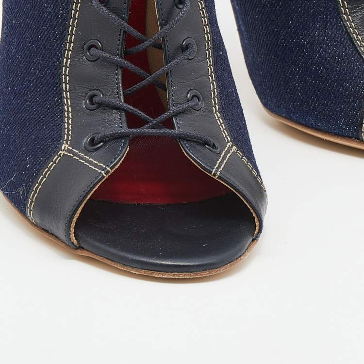 Pre Owned CH Carolina Herrera Navy Blue/Black Canvas And Leather Lace Up Booties Size 37