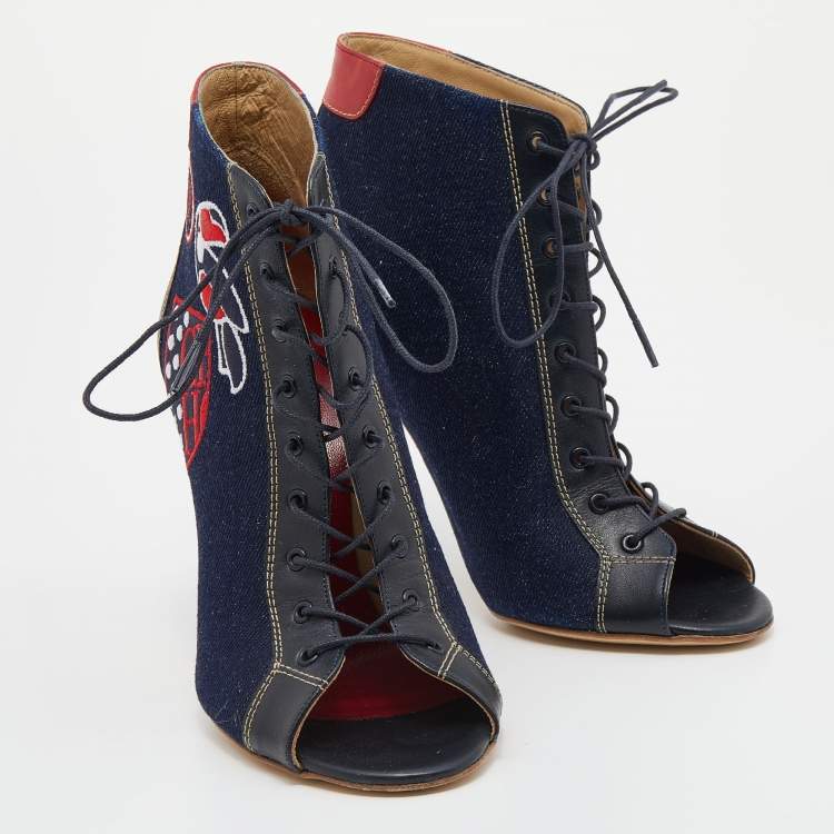 Pre Owned CH Carolina Herrera Navy Blue/Black Canvas And Leather Lace Up Booties Size 37