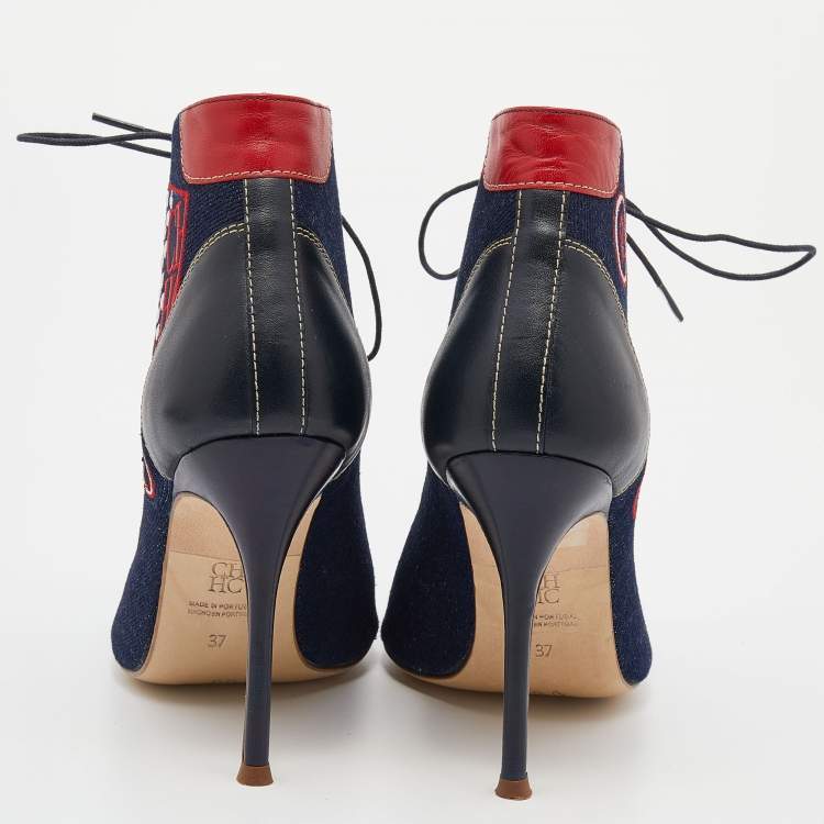 Pre Owned CH Carolina Herrera Navy Blue/Black Canvas And Leather Lace Up Booties Size 37