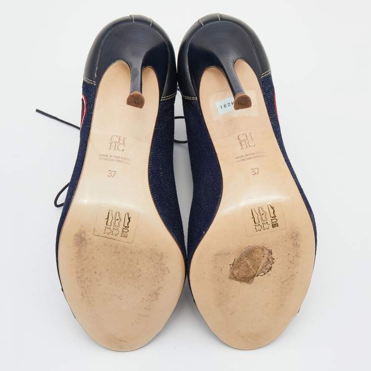 Pre Owned CH Carolina Herrera Navy Blue/Black Canvas And Leather Lace Up Booties Size 37