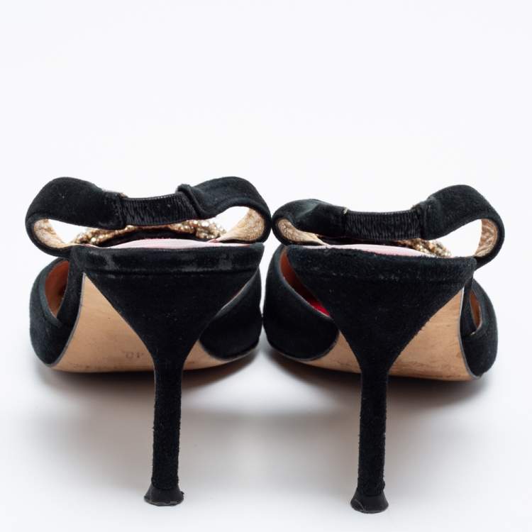 Pre Owned CH Carolina Herrera Black Suede Crystal Embellished Buckle Slingback Pumps Size 40