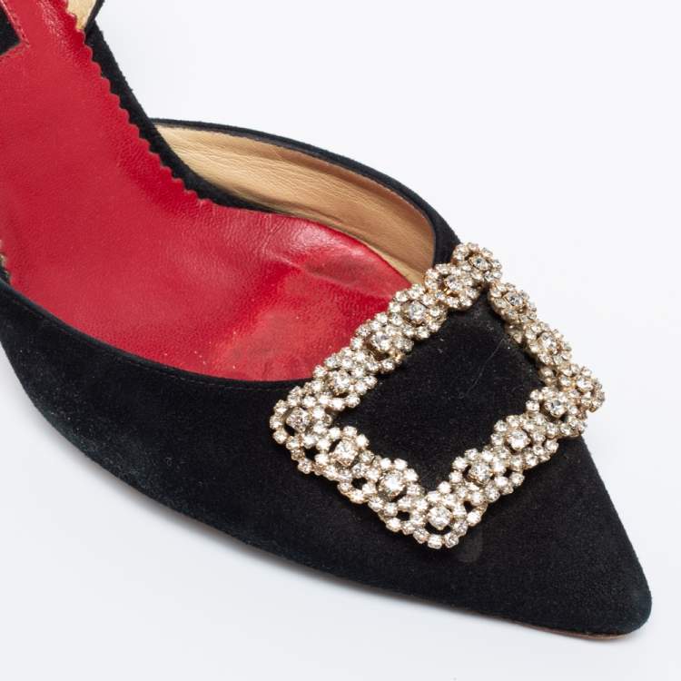Pre Owned CH Carolina Herrera Black Suede Crystal Embellished Buckle Slingback Pumps Size 40