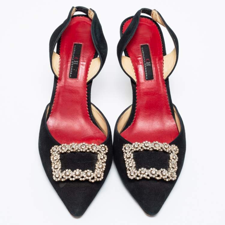 Pre Owned CH Carolina Herrera Black Suede Crystal Embellished Buckle Slingback Pumps Size 40