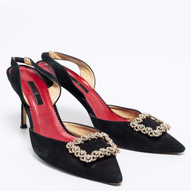 Pre Owned CH Carolina Herrera Black Suede Crystal Embellished Buckle Slingback Pumps Size 40