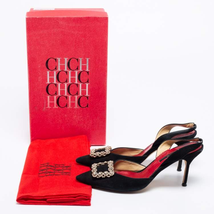 Pre Owned CH Carolina Herrera Black Suede Crystal Embellished Buckle Slingback Pumps Size 40