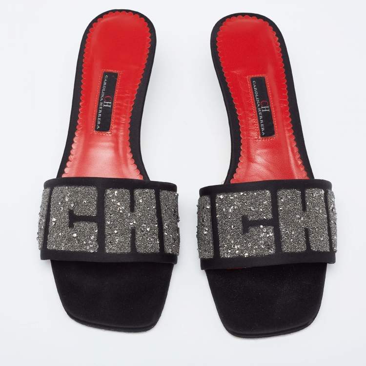 Pre Owned CH Carolina Herrera Black Satin Embellished Glitter Slide Sandals Size 38