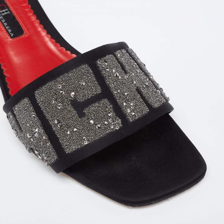 Pre Owned CH Carolina Herrera Black Satin Embellished Glitter Slide Sandals Size 38