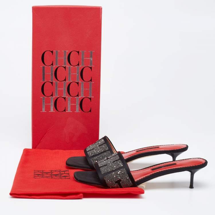 Pre Owned CH Carolina Herrera Black Satin Embellished Glitter Slide Sandals Size 38