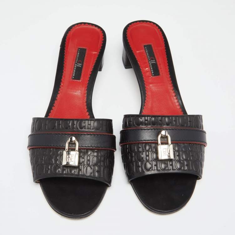 Pre Owned Carolina Herrera Black Monogram Leather Traveller Locked Slide Sandals Size 40