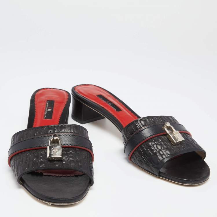 Pre Owned Carolina Herrera Black Monogram Leather Traveller Locked Slide Sandals Size 40