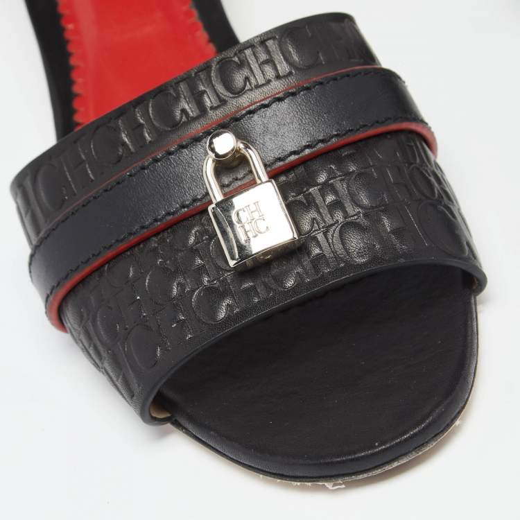 Pre Owned Carolina Herrera Black Monogram Leather Traveller Locked Slide Sandals Size 40