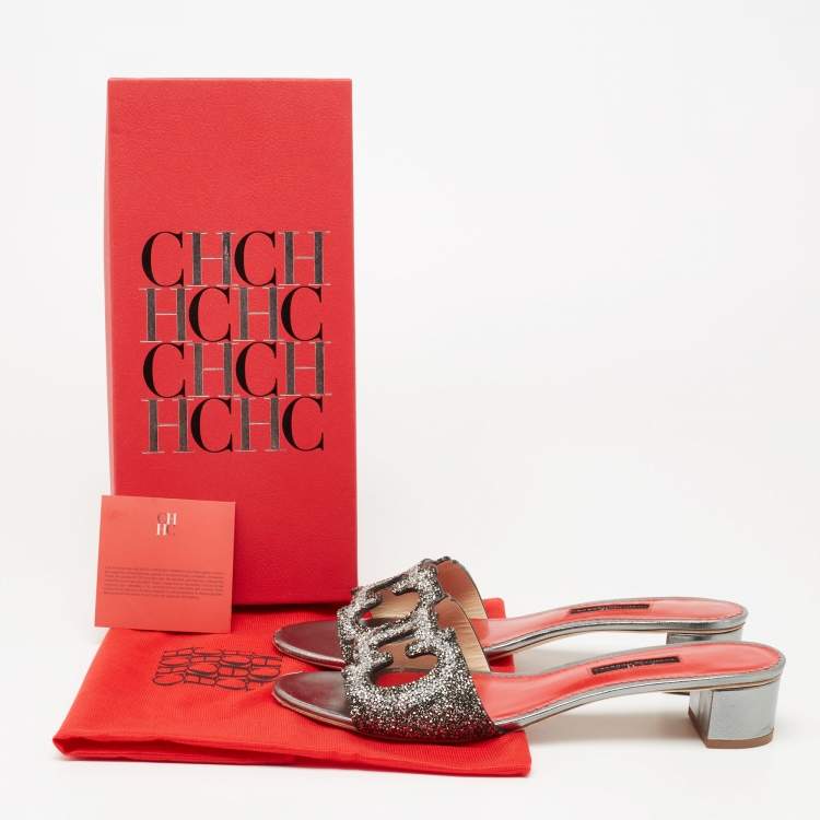 Pre Owned Carolina Herrera Silver Glitter Slides Sandals Size 41