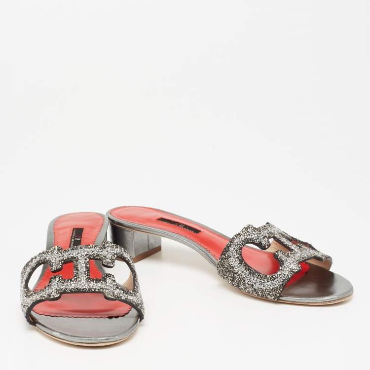 Pre Owned Carolina Herrera Silver Glitter Slides Sandals Size 41