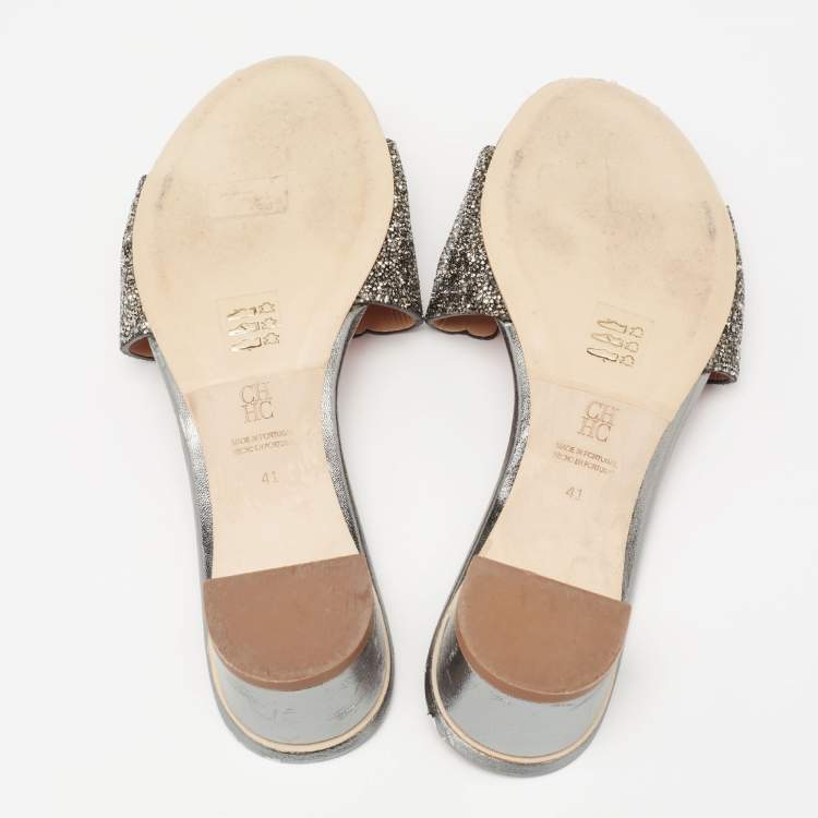 Pre Owned Carolina Herrera Silver Glitter Slides Sandals Size 41