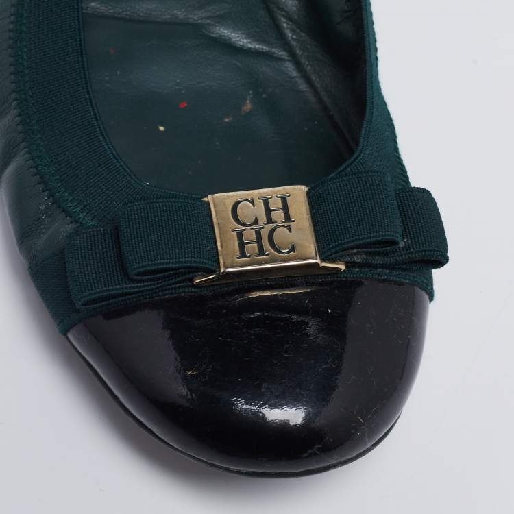 Pre Owned CH Carolina Herrera Dark Green/Black Patent and Leather Bow Ballet Flats Size 38