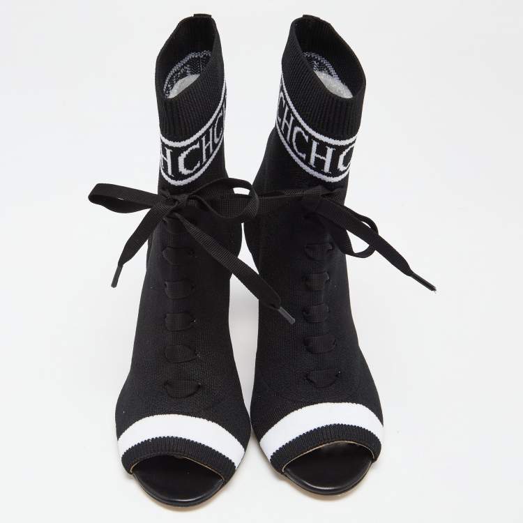 Pre Owned CH Carolina Herrera Black Knit Fabric Peep Toe Ankle Boots Size 36