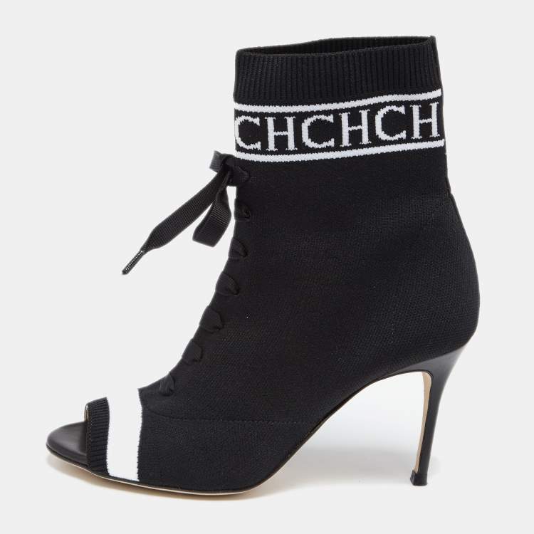 Pre Owned CH Carolina Herrera Black Knit Fabric Peep Toe Ankle Boots Size 36