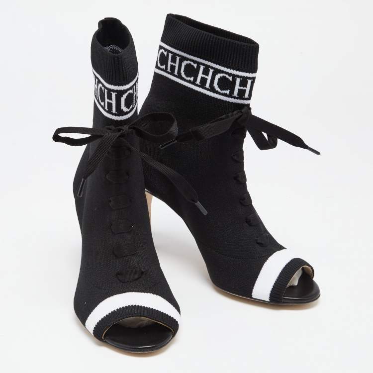 Pre Owned CH Carolina Herrera Black Knit Fabric Peep Toe Ankle Boots Size 36