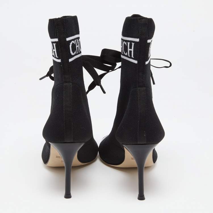 Pre Owned CH Carolina Herrera Black Knit Fabric Peep Toe Ankle Boots Size 36