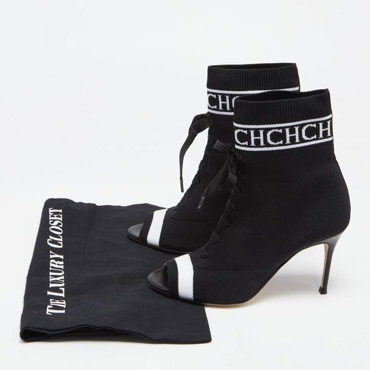 Pre Owned CH Carolina Herrera Black Knit Fabric Peep Toe Ankle Boots Size 36