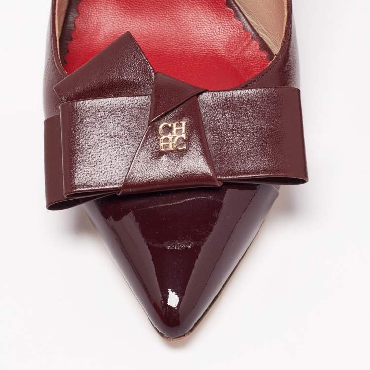 Pre Owned CH Carolina Herrera Burgundy Leather And Patent Bow Detail Pointed-Toe Slingback Sandals Size 39