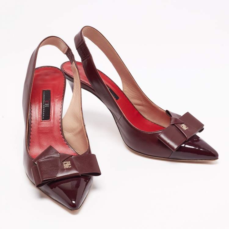 Pre Owned CH Carolina Herrera Burgundy Leather And Patent Bow Detail Pointed-Toe Slingback Sandals Size 39