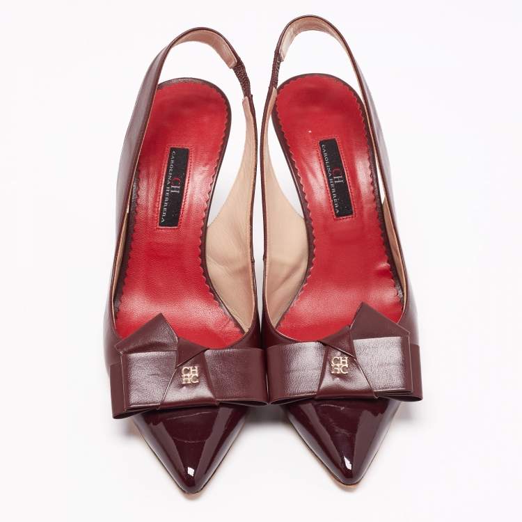 Pre Owned CH Carolina Herrera Burgundy Leather And Patent Bow Detail Pointed-Toe Slingback Sandals Size 39