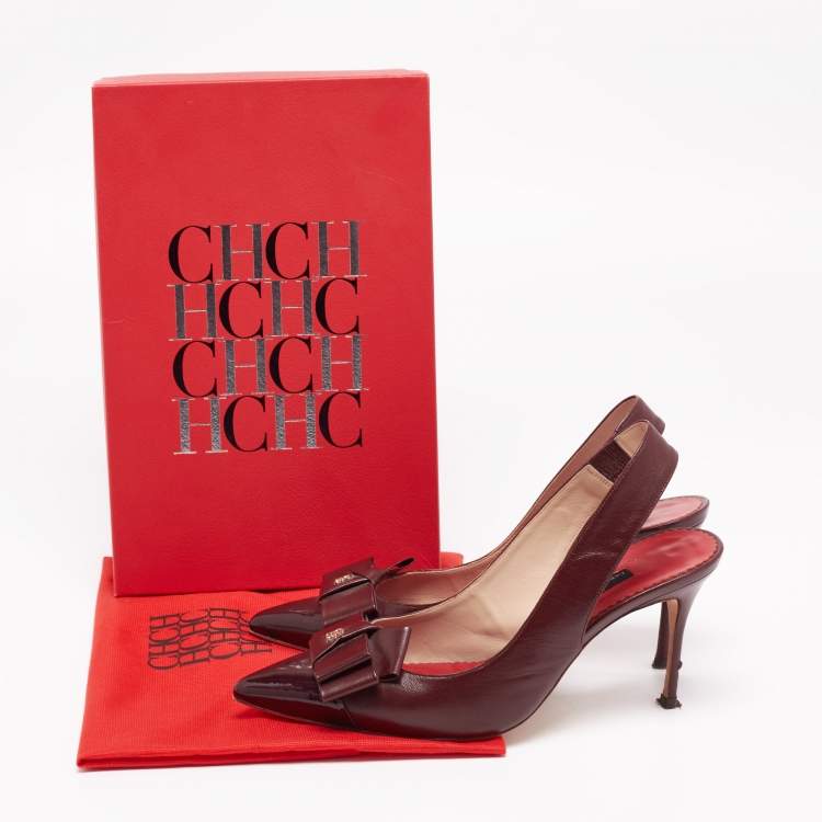 Pre Owned CH Carolina Herrera Burgundy Leather And Patent Bow Detail Pointed-Toe Slingback Sandals Size 39