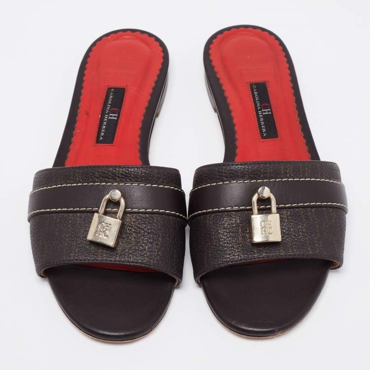 Pre Owned CH Carolina Herrera Brown Signature Leather Lock Flat Slides Size 37