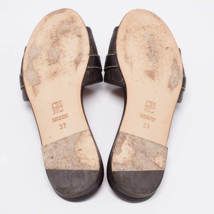 Pre Owned CH Carolina Herrera Brown Signature Leather Lock Flat Slides Size 37