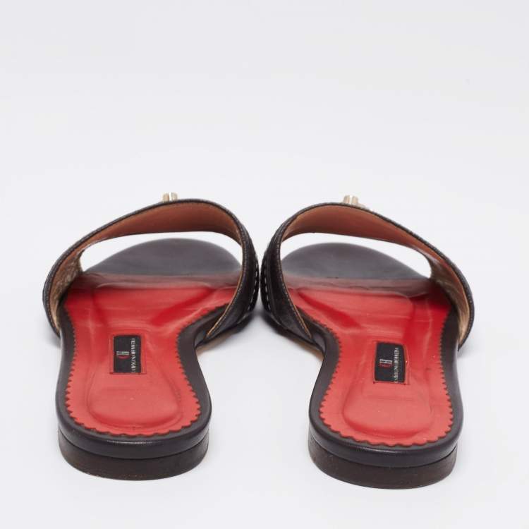 Pre Owned CH Carolina Herrera Brown Signature Leather Lock Flat Slides Size 37