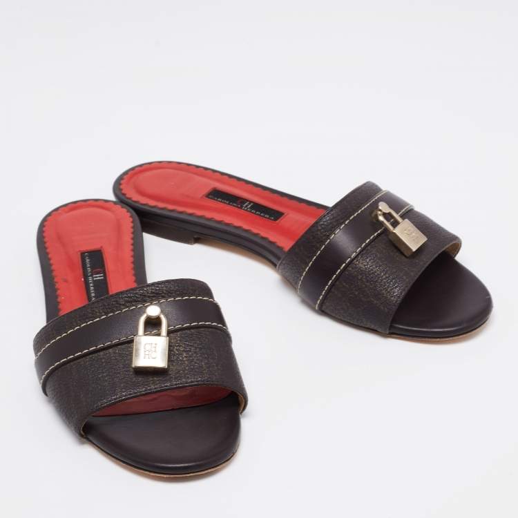 Pre Owned CH Carolina Herrera Brown Signature Leather Lock Flat Slides Size 37