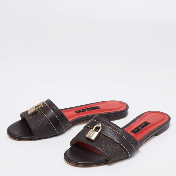 Pre Owned CH Carolina Herrera Brown Signature Leather Lock Flat Slides Size 37