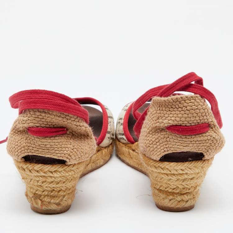 Pre Owned CH Carolina Herrera Multicolor Monogram Canvas And Jute Espadrille Ankle Wrap Sandals Size 39