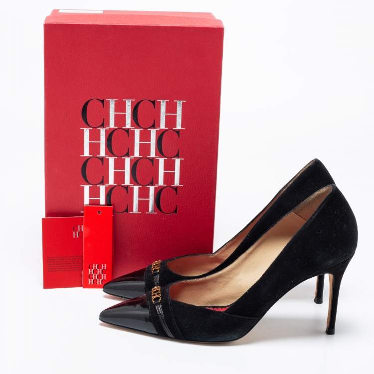 Pre Owned CH Carolina Herrera Black Suede And Patent Leather Cap Pointed Toe Pumps Size 40 
