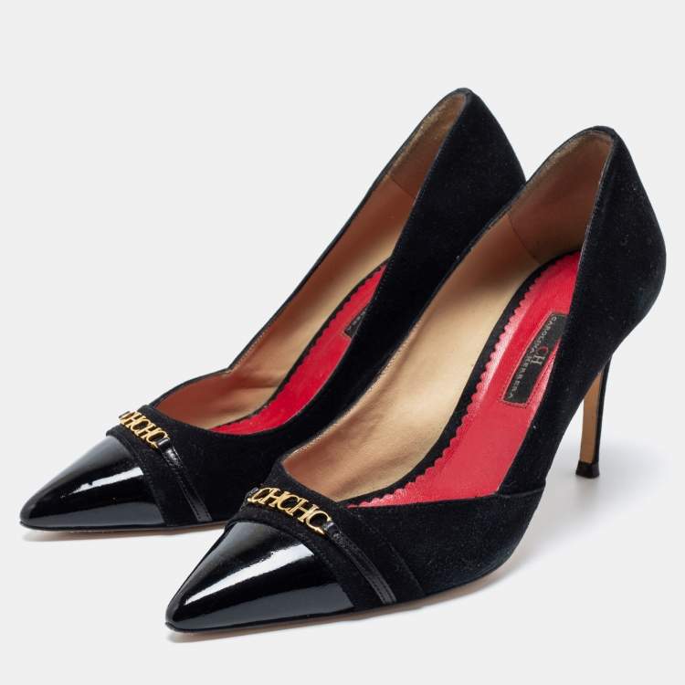 Pre Owned CH Carolina Herrera Black Suede And Patent Leather Cap Pointed Toe Pumps Size 40 