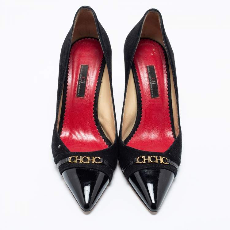 Pre Owned CH Carolina Herrera Black Suede And Patent Leather Cap Pointed Toe Pumps Size 40 