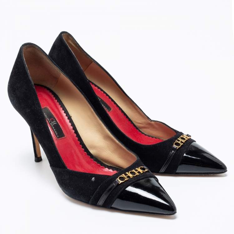 Pre Owned CH Carolina Herrera Black Suede And Patent Leather Cap Pointed Toe Pumps Size 40 