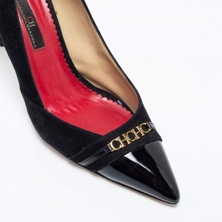 Pre Owned CH Carolina Herrera Black Suede And Patent Leather Cap Pointed Toe Pumps Size 40 